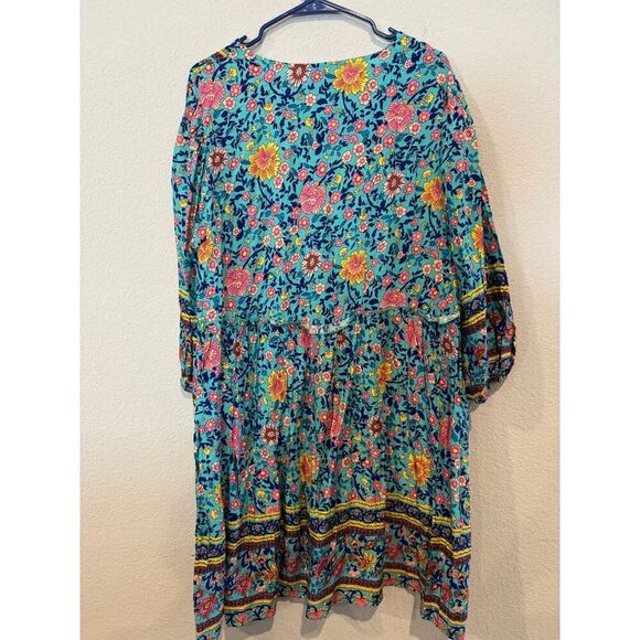 BTFBM Womens Bohemian V-Neck 3/4 Sleeve Mini Dress Green Floral Size S NWOT - Picture 2 of 8